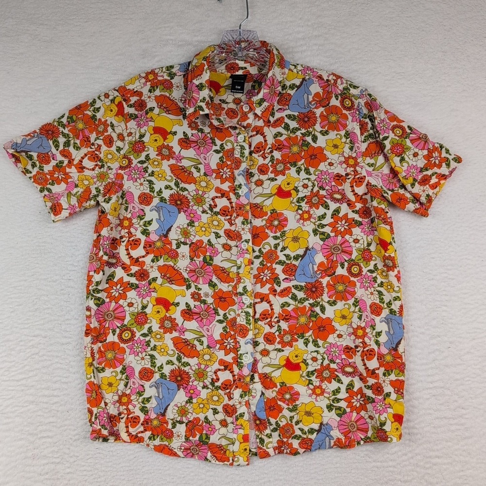 Disney Winnie The Pooh Button Up Shirt Colorful Floral Tigger Rayon Womens Small